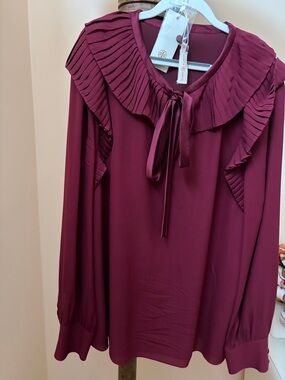 Tory Burch Plum Pleated Ruffle Tie-Front Blouse